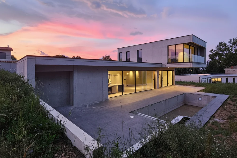 Maison contemporaine en béton brut architectonique au crépuscule - Construction sur terrain en pente