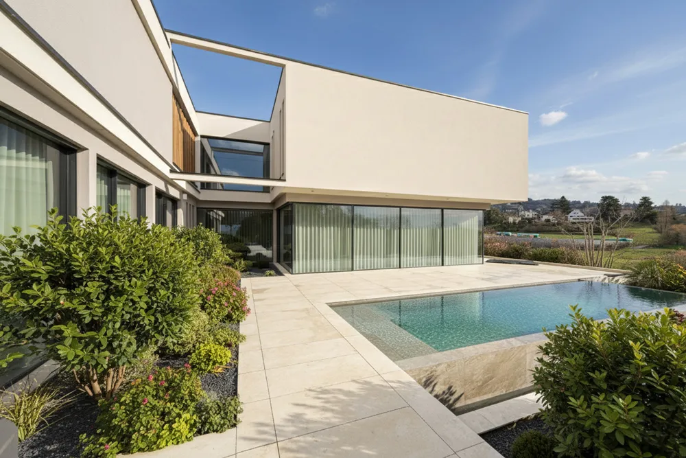 Maison béton avec piscine débordement et vue panoramique - Architecture contemporaine