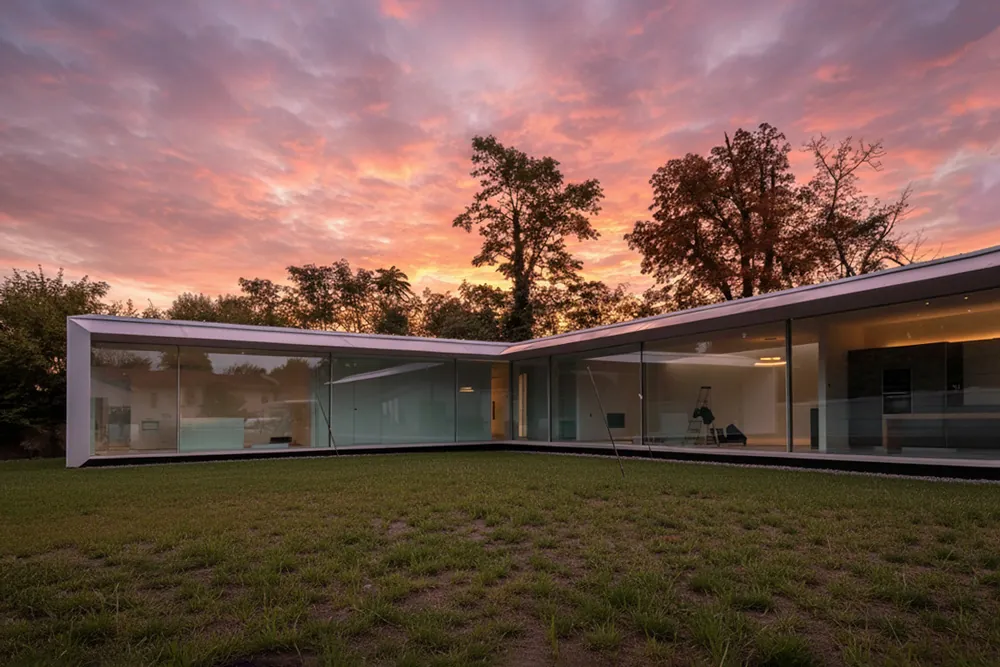 Maison entièrement vitrée, avec détails en béton apparent